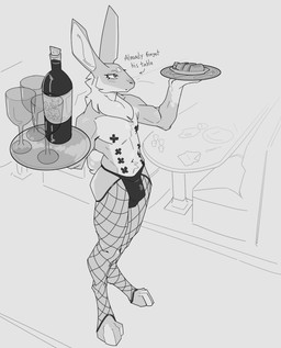 4_toes alcohol anthro beverage bulge clothed clothing container cup cutlery digitigrade drinking_glass feet fishnet_clothing fishnet_legwear fork fur glass glass_container glass_cup kitchen_utensils legwear male multi_nipple nipple_tape nipples pasties shirtless solo tape text toes tools tray wine_bottle wine_glass servali_sketch lagomorph leporid mammal rabbit hi_res monochrome