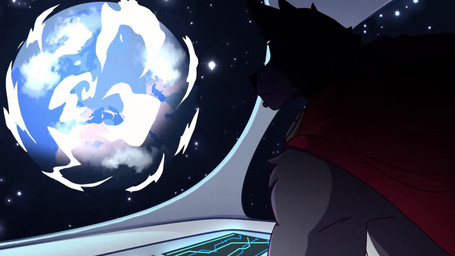 anthro armlet bed bedroom black_nose blue_eyes bottomwear bracelet brooch cape claws clothing collar finger_claws fur furniture grey_body grey_fur jewelry lying lying_on_bed male on_bed pants piercing planet sky space spacecraft star starry_sky text vehicle soradezwolfox adastra adastra_(series) echo_project amicus_(adastra) marco_(adastra) canid canine canis human mammal wolf 16:9 2024 animated english_text hi_res long_playtime sound subtitled unfinished voice_acted webm widescreen