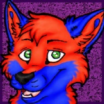 anthro black_nose blue_body blue_fur foxtechno front_view fur green_eyes looking_at_viewer male open_mouth open_smile purple_background red_body red_fur simple_background smile solo tongue foxmantra canid canine canis domestic_dog fox mammal 1:1 headshot_portrait icon low_res portrait