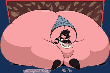 anthro belly big_breasts big_butt black_hair breasts butt clothing female hair huge_butt huge_hips huge_thighs hyper hyper_butt hyper_hips hyper_thighs overweight pink_body shirt sitting solo speech_bubble text thick_thighs topwear white_clothing white_shirt white_topwear wide_hips yellow_sclera vendant candi_(vendant) mammal procyonid raccoon 2025 alpha_channel hi_res