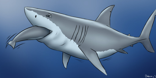 ambiguous_gender duo feral fin gills grey_body grey_tail head_first oral_vore tail underwater vore water white_body dolorcin cetacean dolphin fish great_white_shark mackerel_shark mammal marine shark toothed_whale white_shark 2025 watermark