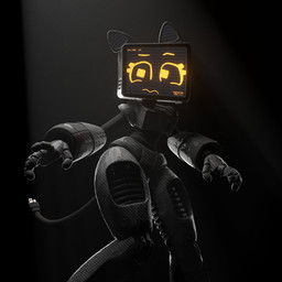 4_fingers anthro artificial_intelligence backlighting black_face cable_tail darkness electrical_plug_tail exposed_endoskeleton eyelashes female fingers for_a_head grey_body legs_together light light_beam looking_at_viewer machine noseless orange_eyes prototype screen screen_ears screen_face solo standing text wavy_mouth weathered yellow_eyes fuch! pur_prototype monitor_head object_head robot robot_anthro screen_head 1:1 2026 3d_(artwork) digital_media_(artwork) english_text hi_res lighting portrait three-quarter_portrait