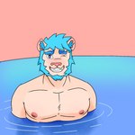 anthro blue_mane facial_hair grin looking_at_viewer male mane mostly_submerged nipples one_eye_closed partially_submerged pecs shy smile solo swimming_pool water wink chase_shinien perzival felid lion mammal pantherine 1:1 hi_res