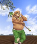 anthro belly bottomwear brown_body brown_fur bulge clothing detailed_background eyewear farm fur glasses hat headgear headwear humanoid_hands kemono male moobs navel outside overweight overweight_anthro overweight_male pants solo straw_hat towel guadr lifewonders tokyo_afterschool_summoners volos_(tas) bear mammal 2021 absurd_res hi_res