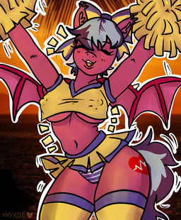 anthro blush blush_lines breasts cheering cheerleader cheerleader_outfit cheerleading_pose clothing eyes_closed fangs female motion_lines nipples open_mouth panties ribbons smile solo spread_wings teeth underwear wings anykoe hasbro my_little_pony fan_character bat_pony equid mammal hi_res signature
