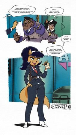 2_panel_comic anthro black_hair brown_body business_suit clothing crossed_arms dialogue facial_hair female green_eyes group gun_holster hair id_card inside jacket male military_uniform mustache necktie speech_bubble suit tan_body text topwear trio uniform yellow_eyes artoonooref hanna-barbera nickelodeon swat_kats t.u.f.f._puppy commander_feral felina_feral kitty_katswell domestic_cat felid feline felis mammal 2025 9:16 colored comic crossover english_text hi_res shaded signature