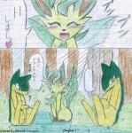 2015 ambiguous_gender atlas_(artist) blush bodily_fluids color_edit colored comic dialogue duo eeveelution ellipsis english_text eyeless eyes_closed fangs female feral forest fur generation_2_pokemon generation_4_pokemon graphite_(artwork) grass green_body green_fur group happy heart_symbol hi_res japanese japanese_text kemono leafeon lined_paper male male/female nature nintendo open_mouth outside pencil_(artwork) plant pokemon pokemon_(species) question_mark quilava redoxx shrub sitting sketch speech_bubble sweat sweatdrop teeth text third-party_edit traditional_media_(artwork) translated tree yellow_body yellow_fur