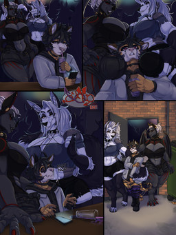 alcohol alley anthro arm_tuft beverage big_breasts black_sclera breasts bulge bulge_on_face bulge_rubbing canon_x_oc drinking elbow_tuft eyelashes facial_tuft femboy glistening_eyelids group gynomorph imminent_sex intersex intersex/male long_eyelashes male night nightclub nipple_outline public rave red_sclera tail text trio tuft robotbarista hellaverse helluva_boss mythology altyren_therein loona_(helluva_boss) val_(robotbarista) bat canid canid_demon canine demon hellhound mammal mythological_canine mythological_creature tiger_demon 3:4 absurd_res comic english_text hi_res story story_in_description