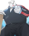 anthro belly black_nose bodily_fluids bottomwear bulge cellphone clothing electronics fur humanoid_hands kemono male outside overweight overweight_anthro overweight_male pants phone shirt smartphone solo sweat topwear white_body white_fur kira_nerisu bear mammal polar_bear ursine 2020 hi_res