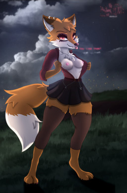 3_toes alternative_fashion anthro barefoot black_makeup blep bottomwear breasts clothing cloud collar collared_shirt dialogue digitigrade dress_shirt feet female fur goth grass looking_at_viewer makeup markings mole_(marking) night nipples orange_body orange_eyes orange_fur paws piercing plant revealing_breasts shirt skirt sky solo talking_to_viewer text toes tongue tongue_out topwear white_body white_fur astralia_(art) canid canine fox mammal hi_res watermark