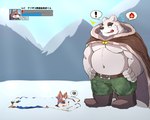 anthro belly cape clothing cold dialogue duo freezing frustration_cloud game_avatar gameplay_mechanics gui health_bar iconography level_number male musclegut muscular number pecs shirtless snow spiral_eyes text nullraihigi bear canid canine canis domestic_dog mammal polar_bear ursine 5:4 pictographics translated