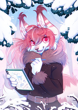 anthro brown_clothing brown_coat brown_topwear cheek_tuft clothed clothing coat facial_tuft fangs female female_anthro front_view fur gradient_hair hair holding_notebook holding_object holding_pen long_hair looking_at_viewer open_mouth open_smile outside pen pink_eyes pink_hair pupils red_hair red_pupils smile snow snowing solo teeth topwear tuft white_body white_fur bloominglynx yukki_kirai felid feline lynx mammal digital_drawing_(artwork) digital_media_(artwork) half-length_portrait hi_res portrait