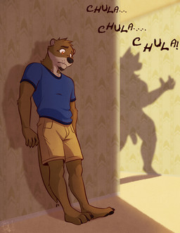 against_surface against_wall anthro barefoot black_nose blue_clothing blue_shirt blue_topwear brown_body brown_fur clothing duo eyebrows facial_hair fangs feet fur goatee hiding male membrane_(anatomy) one_fang otter_tail paws scared shadow shadow_penis shirt silhouette standing tail tan_body tan_fur teeth text toes topwear webbed_feet webbed_hands whisker_spots whiskers ventkazemaru backrooms_(film) echo_(game) echo_(series) echo_project the_backrooms chase_hunter leo_alvarez canid canine canis mammal mustelid otter wolf dialogue_in_description hi_res