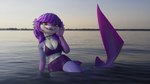 5_fingers anthro bikini clothing cute_fangs fangs female fingers hair looking_at_viewer purple_body purple_hair solo swimwear teeth two-piece_swimsuit yellow_eyes lin_artist hailina fish marine shark 16:9 3d_(artwork) digital_media_(artwork) hi_res widescreen