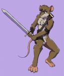 4_toes 5_fingers anthro armband armor balls barefoot belly biped brown_body brown_fur brown_hair casual_nudity chest_tuft claws feet fingers flaccid foreskin fur genitals hair holding_melee_weapon holding_object holding_sword holding_weapon humanoid_genitalia humanoid_hands humanoid_penis male melee_weapon multicolored_body multicolored_fur nipples nude paws pecs penis pink_nipples pink_nose purple_background simple_background slim solo standing sword tan_belly tan_body tan_fur teeth toes tuft two_tone_body two_tone_fur unconvincing_armor unretracted_foreskin weapon white_claws wristband cirruskitfox mammal murid murine rat rodent absurd_res hi_res