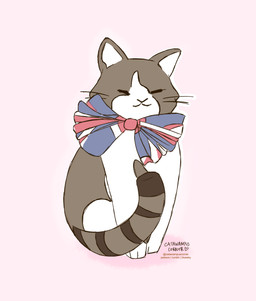 ambiguous_gender bow_tie brown_body brown_fur ears_up eyes_closed feral flag_clothing fur heart_symbol markings multicolored_body multicolored_fur paws pink_background simple_background sitting solo striped_markings striped_tail stripes tail tail_markings text union_jack union_jack_clothing whiskers white_body white_fur catawampuscorner larry_chief_mouser_to_the_cabinet_office domestic_cat felid feline felis mammal artist_name english_description hi_res male_(lore)