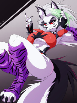 abs anthro biceps big_breasts breasts claws clothing collar cosplay crossover_cosplay ear_piercing ear_ring eyelashes fangs female fingerless_gloves fingers gloves hair handwear holding_object muscular muscular_female piercing red_sclera ring_piercing solo spiked_collar spikes teeth toe_claws under_boob arskie198 five_nights_at_freddy's five_nights_at_freddy's:_security_breach hellaverse helluva_boss mythology scottgames steel_wool_studios loona_(helluva_boss) roxanne_wolf canid canid_demon canine demon hellhound mammal mythological_canine mythological_creature 2022 absurd_res crossover digital_media_(artwork) hi_res