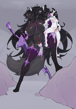 3_heads 4_toes 5_fingers abdominal_bulge anthro areola belly big_belly big_breasts big_tongue biped black_body black_fur black_hair black_sclera blue_cum blush bodily_fluids breasts claws colored_cum colorful_cum corruption covered_nipples covered_vulva cum cum_from_vagina cum_in_vagina cum_inside cum_on_leg cum_overflow deep_kiss digitigrade duo feet female finger_claws fingers ftg_transformation fti_transformation fur gender_transformation genital_fluids genital_growth genitals growth gynomorph hair hand_on_head hand_on_nipple intersex kissing larger_anthro larger_female leaking_cum licking licking_lips long_tongue looking_pleasured masturbation melee_weapon multi_head nipples nude open_mouth orgasm paws penile penile_masturbation penis penis_growth pink_areola pink_cum purity_seal purple_areola sealed simple_background size_difference smile sword tail thick_thighs toe_claws toes tongue tongue_out transformation unusual_bodily_fluids unusual_cum unusual_genital_fluids vulva weapon white_body white_fur white_hair womb_tattoo yellow_eyes lc79510455 kay_rox nihaku_(character) canid canine canis mammal wolf 2025 digital_media_(artwork) hi_res