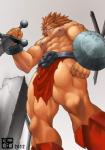 abs absurd_res anthro biceps biped bomb_(artist) bottomwear clothed clothing felid hi_res leo_(red_earth) lion loincloth male mammal muscular muscular_anthro muscular_male nipples pantherine pecs red_earth solo standing topless warrior weapon