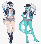 anthro bottomwear choker clothed clothing female hair hotpants jacket jewelry midriff midriff_top multicolored_hair necklace shark_tooth_necklace shorts solo topwear lokigunart frosty_(sharky) fish human mammal marine shark hi_res