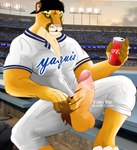 afternoon anthro backwards_baseball_cap backwards_hat baseball_cap baseball_uniform big_muscles big_penis clothed clothing erection genitals green_eyes hat headgear headwear humanoid_genitalia humanoid_penis looking_at_viewer looking_pleasured male muscular open_clothing open_shirt open_topwear partially_clothed penis pubes pubes_exposed shirt sitting solo sportswear stadium topwear uniform valky_yaz coca-cola mexican_pacific_league yaquis_de_obregon yaco_puma cougar felid feline mammal hi_res