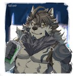 abs anthro clothing fur hair male muscular muscular_anthro muscular_male pecs solo tattoo neumokun lifewonders tokyo_afterschool_summoners temujin_(tas) canid canine canis mammal wolf hi_res