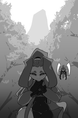 ambiguous_gender bag biped clothed clothed_female clothed_human clothing detailed_background duo female female_human feral forest frown hair insect_wings long_hair looking_down mountain plant ponytail size_difference smaller_feral tree walking wings cuchuflin nintendo pokemon frida_(cuchuflin) romi_(cuchuflin) generation_7_pokemon human mammal pokemon_(species) ribombee 2026 absurd_res digital_drawing_(artwork) digital_media_(artwork) greyscale hi_res monochrome