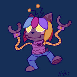 antennae_(anatomy) anthro blue_body blue_hair cheek_spots clothing drop_shadow female hair machine multicolored_hair orange_hair pink_hair pointy_ears prick_ears purple_clothing purple_hair purple_shirt purple_topwear red_hair robotic_arm scut_tail shirt short_tail simple_background solo tail topwear transparent_background yellow_eyes pkfr33ze melbot_(melody_nosurname) deer mammal robot 1:1 2025 alpha_channel low_res signature
