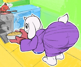 anthro baking bent_over butt cabinet clothing cooking cookware dialogue eyelashes feet female frying_pan fur handwear horn kitchen kitchen_utensils long_ears mittens red_clothing red_handwear red_mittens shelf simple_background smile solo sound_effects speech_bubble steam tail tools white_body white_fur garbledina undertale_(series) toriel boss_monster_(undertale) bovid caprine goat humanoid mammal colored hi_res