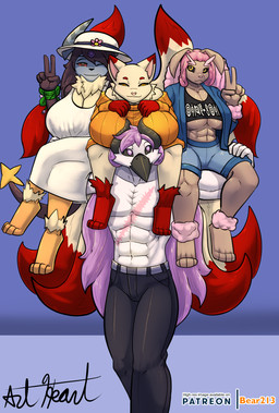abs anthro biceps big_breasts breasts clothed clothing female fur group hair horn huge_breasts male multi_tail muscular muscular_anthro muscular_male simple_background smile tail bear213 asian_mythology east_asian_mythology mythology nintendo pokemon darren_kurtis kogoriami_cararthia absol arcanine avian bird canid canine fox fox_spirit generation_1_pokemon generation_3_pokemon generation_4_pokemon hybrid lopunny luxray mammal pokemon_(species) shiny_pokemon digital_media_(artwork) hi_res