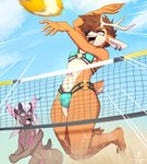 action_pose anthro antlers ball bikini bikini_bottom bikini_bulge bikini_top black_nose brown_body brown_fur bulge clothed clothing crossdressing day detailed_bulge duo ear_piercing ear_ring eyebrow_piercing facial_piercing fur green_eyes hair horn male motion_lines net outside piercing playing_sport pose ring_piercing short_tail skimpy_bikini sky sport string_bikini sun swimwear tail triangle_bikini two-piece_swimsuit volleyball_(ball) volleyball_net white_hair drawpanther plexel bovid caprine deer goat mammal hi_res