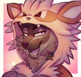 abstract_background anthro cheek_tuft clothing facial_tuft fluffy fluffy_chest fur grey_body grey_fur half-closed_eyes hood kigurumi male multicolored_body multicolored_fur narrowed_eyes neck_tuft onesie open_mouth pokemon_kigurumi purple_body purple_eyes purple_fur purple_nose purple_tongue solo teeth_showing tongue tuft pinkteethh nintendo pokemon dl_wolf_(dl2288) arcanine canid canine canis generation_1_pokemon mammal pokemon_(species) wolf absurd_res hi_res