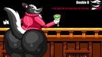 ambiguous_fluids anthro balcony big_butt black_background butt clothing container cup glass glass_container glass_cup gloves green_liquid handwear huge_butt hyper hyper_butt looking_back looking_pleasured male simple_background skunk_tail smile smiling_at_viewer smirk smirking_at_viewer solo tail talking_to_viewer text dahliathefox everhood_2 double_d_(everhood_2) mammal mephitid skunk 16:9 english_text hi_res widescreen