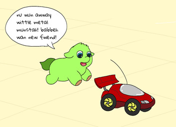 antenna_wire baby_talk blue_eyes chasing dialogue feral fur green_body green_fur green_tail looking_at_object open_mouth open_smile running smile solo tail text tire toy_car young young_feral carpdime fluffy_pony fluffy_pony_(species) mammal digital_media_(artwork) english_text flat_colors