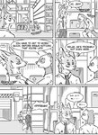 absurd_res anthro black_and_white box braun_(kifyun2) canid canine clothed clothing comic container dialogue domestic_ferret ear_piercing english_text forklift fox gate group hi_res inner_ear_fluff inside jeff_(kifyun2) kif_yppreah kifyun2 male mammal monochrome mustelid musteline piercing running simple_background speech_bubble text trio true_musteline tuft warehouse weasel