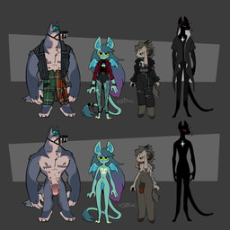 4_horns accessory alternative_fashion ambiguous_gender anthro areola arm_tattoo balls bat_wings biped black_body black_bottomwear black_clothing black_eyes black_jacket black_pants black_sclera black_shirt black_topwear bottomwear bracelet chest_markings chest_tattoo claws clothed clothing cloven_hooves countershade_face countershade_torso countershading digitigrade feet fingerless_(marking) fishnet_clothing fishnet_legwear flaccid floppy_ears front_view furgonomics genitals glans grey_body grey_hair group gynomorph hair head_tuft heart_(marking) hooves horn humanoid_genitalia humanoid_penis intersex jacket jewelry legwear long_hair looking_at_viewer male markings membrane_(anatomy) membranous_wings monotone_body multi_horn multicolored_body muscular muscular_anthro muscular_male muzzle_(object) muzzled nipples nude pants penis plaid punk red_sclera shirt simple_background small_wings spiked_bracelet spikes standing stockings tail tail_accessory tail_bracelet tail_jewelry tail_tuft tattoo text toe_claws toeless_(marking) tongue tongue_out topwear torn_bottomwear torn_clothing torn_legwear torn_pants torn_shirt torn_stockings torn_topwear tuft two_tone_body unguligrade whiskers white_body white_eyes white_markings wings yellow_sclera somik bat_(somik) bat bovid canid canine canis caprine domestic_cat felid feline felis goat mammal wolf 1:1 2020 english_text hi_res model_sheet