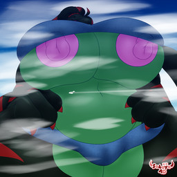 4_fingers aircraft airplane areola big_breasts breast_squish breasts clothed clothing cloud extreme_size_difference female fingers genitals green_body green_hair hair hand_on_hip huge_breasts low-angle_view macro nipples partially_clothed red_accents red_eyes scales size_difference sky skyscape solo squish standing tail undersized_clothing vehicle sokoyo_owo dinosaur dromaeosaurid prehistoric_species reptile saurischian scalie theropod 1:1 hi_res