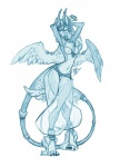 accessory anthro belly_dancer breasts feathered_wings feathers female furgonomics horn jewelry navel nipples piercing ring simple_background solo tail tail_accessory tail_jewelry tail_ring wings redbeanviolin unknown_species 2012 hi_res monochrome sketch