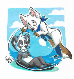 anthro balloon black_body black_fur black_nose blue_kerchief blue_neckerchief blue_sky brown_tail cheek_tuft chest_tuft closed_smile cloud duo facial_tuft fur grin head_tuft inflatable kerchief logo male male_anthro mouth_closed neckerchief neckwear nude orange_eyes sky smile tail tuft white_body white_fur white_tail young young_anthro young_male pandapaco parinton bear canid canine giant_panda mammal artist_logo signature traditional_media_(artwork)