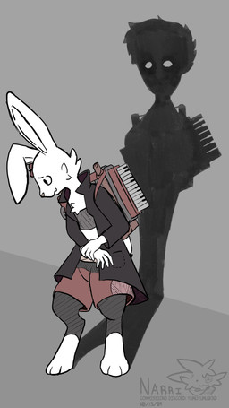 accordion ambiguous_gender anthro backpack bottomwear clothing coat duo leggings legwear looking_away looking_down musical_instrument nervous piano_accordion pockets shorts topwear trenchcoat wraps yumuyumu hare humanoid lagomorph leporid mammal rabbit shadow_creature 9:16 hi_res