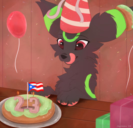 balloon big_ear birthday candle cheek_tuft claws clothing dessert doughnut facial_tuft feral fire flag fluffy fluffy_ears food fur fur_markings furniture gift green_body green_fur grey_body grey_fur grey_nose hat headgear headwear inflatable male markings neck_tuft number on_table party_hat pastry pawpads puerto_rican_flag solo table tongue tongue_out tuft wearing_hat joeumbre nintendo pokemon canie hiro_(beans223) canid canine eeveelution generation_2_pokemon mammal pokemon_(species) umbreon absurd_res hi_res