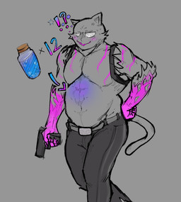 anthro belly_blush belt bloated blush blush_lines bodily_fluids body_blush clothed clothing cross-popping_vein featureless_chest gun handgun harness interrobang male male_anthro musclegut muscular muscular_anthro muscular_male pistol ranged_weapon solo squean sweat sweaty_face topless topless_anthro topless_male weapon porkjoshi epic_games fortnite phantom_meowscles domestic_cat felid feline felis mammal colored_sketch hi_res sketch