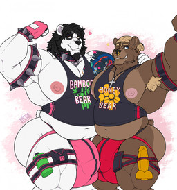 anthro arm_tattoo armpit_hair belly belt_pouch big_bulge black_hair blue_eyes body_hair bottle bracelet bulge christian_symbol clothing container dildo flexing flexing_bicep gloves hair handwear huge_bulge jewelry jockstrap male muscular muscular_anthro muscular_male pecs religion religious_symbol sex_toy shirt spiked_bracelet spikes tank_top tattoo topwear underwear water_bottle yellow_eyes kamui_behemoth christianity domino_(midnighthossman) bear brown_bear giant_panda mammal ursine absurd_res hi_res
