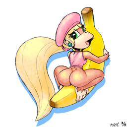 5_toes anthro barefoot biped blonde_hair bottomless brown_body brown_fur butt clothed clothing feet female food fur green_eyes hair hat headgear headwear jewelry long_hair looking_back open_mouth ponytail simple_background solo toes tongue white_background xylas donkey_kong_(series) nintendo dixie_kong haplorhine mammal monkey primate 1:1 signature
