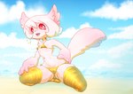 anthro bikini biped breasts camel_toe chest_tuft choker claws clothed clothing female fluffy fluffy_tail front_view gold_bikini hair jewelry kneeling legwear looking_at_viewer navel necklace open_mouth pink_nose red_eyes small_breasts solo stockings swimwear tail teeth thigh_highs tongue tuft two-piece_swimsuit white_body white_hair yellow_clothing yellow_legwear yellow_stockings galo golden_week rin_(galo) domestic_cat felid feline felis mammal 2025 absurd_res hi_res