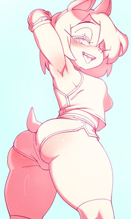 accessory anthro bottomwear butt clothing crop_top dolphin_shorts elbow_pads female hair_accessory hairband legwear raised_arms shirt shorts solo tail thigh_highs tongue tongue_out topwear doxy sega sonic_the_hedgehog_(series) amy_rose eulipotyphlan hedgehog mammal hi_res