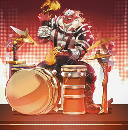 2_horns anthro armor barazoku bass_drum black_boots black_bottomwear black_clothing black_footwear black_pants boots bottomwear branch brown_horn burning_object claws clothing cymbals drum drum_set drumstick_(musical) electronics fiery_headphones finger_claws fire footwear grin headphones headphones_around_neck holding_drumstick horn knife leather leather_bottomwear leather_clothing leather_pants leather_suspenders male multicolored_body multicolored_scales muscular muscular_anthro muscular_male musical_instrument pants percussion_instrument pyrotechnics red_body red_scales scales shoes simple_background smile solo spaulder spiked_spaulder suspenders tan_body tan_scales toony two_tone_body two_tone_scales vambrace teseirei mythology guixu dragon mythological_creature mythological_scalie scalie 2025 hi_res warm_colors