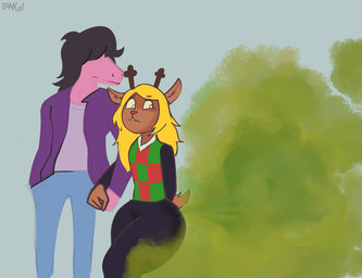 accident anthro antlers black_hair blonde_hair bottomwear brown_body cardigan clothed clothing crossed_legs duo fart fart_cloud fart_fetish female female/female flat_chested green_fart_cloud hair hair_over_eyes hand_holding horn huge_fart looking_back one_eye_half-closed pants pink_body romantic romantic_couple scut_tail short_tail simple_background tail thick_thighs wide_eyed wide_hips bawko deltarune undertale_(series) noelle_holiday susie_(deltarune) deer dinosaur mammal new_world_deer prehistoric_species reindeer reptile scalie 2021 digital_media_(artwork) hi_res signature