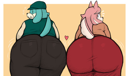 anthro big_butt black_nose bodily_fluids bottomwear butt butt_focus clothed clothed_anthro clothed_female clothed_male clothing duo female fur furgonomic_bottomwear furgonomics hat headgear headwear heart_symbol huge_butt male male/female mature_anthro mature_female mature_male motion_lines multicolored_body multicolored_fur pants pink_body pink_fur sweat sweatdrop tail tan_body tan_fur teal_body teal_fur touching_butt two_tone_body two_tone_fur smush-sin sega sonic_the_hedgehog_(series) the_murder_of_sonic_the_hedgehog conductor's_wife_(sonic) conductor_(sonic) canid canine canis domestic_dog mammal 2025 absurd_res hi_res