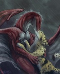 abstract_background claws cuddling duo eyes_closed female feral feral_on_feral hug male membrane_(anatomy) membranous_wings nude outside raining romantic romantic_couple simple_background tail wet wings nathradas pechschwinge european_mythology mythology dragon felid feline lynx mammal mythological_creature mythological_scalie scalie western_dragon 2011 artist_collaboration